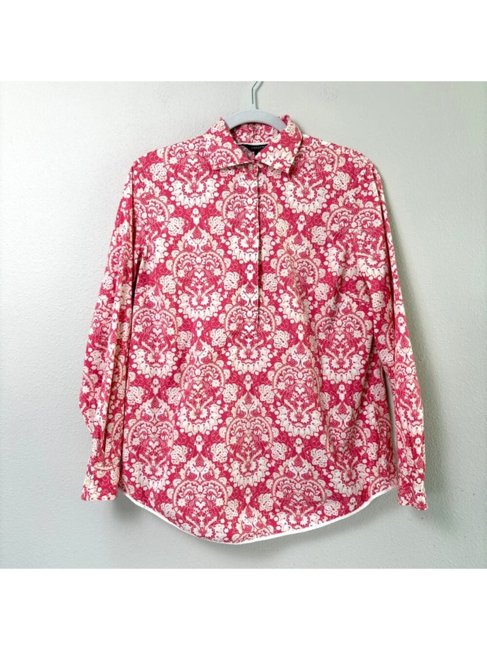 Lands End Popover Top Womens 10 Pink White Damask Long Sleeve 1/2 Button Blouse